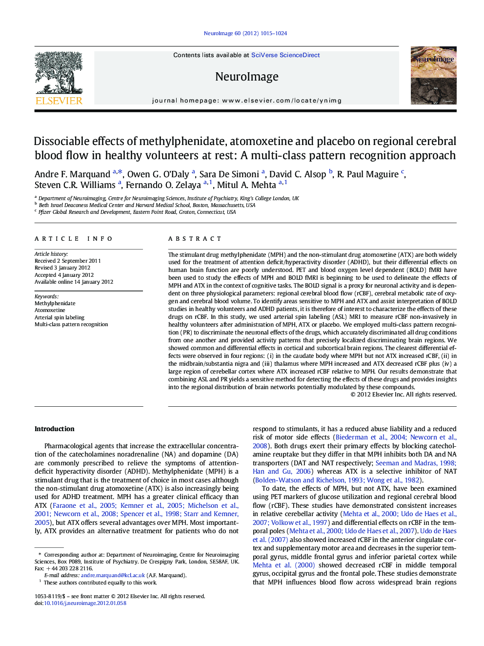 Dissociable effects of methylphenidate, atomoxetine and placebo on regional cerebral blood flow in healthy volunteers at rest: A multi-class pattern recognition approach