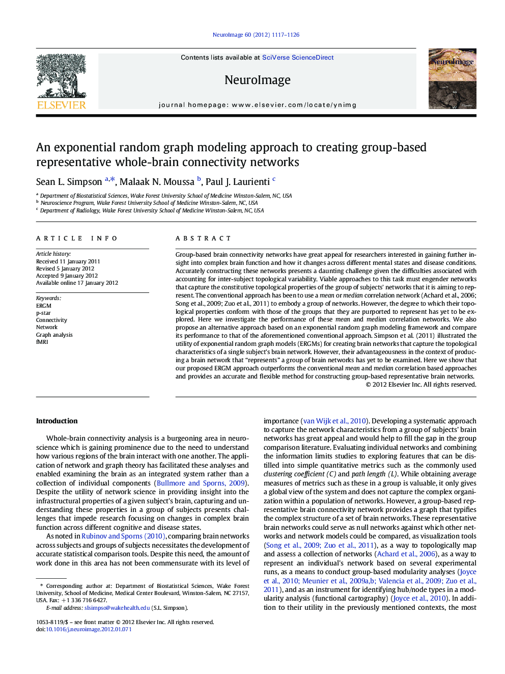 An exponential random graph modeling approach to creating group-based representative whole-brain connectivity networks