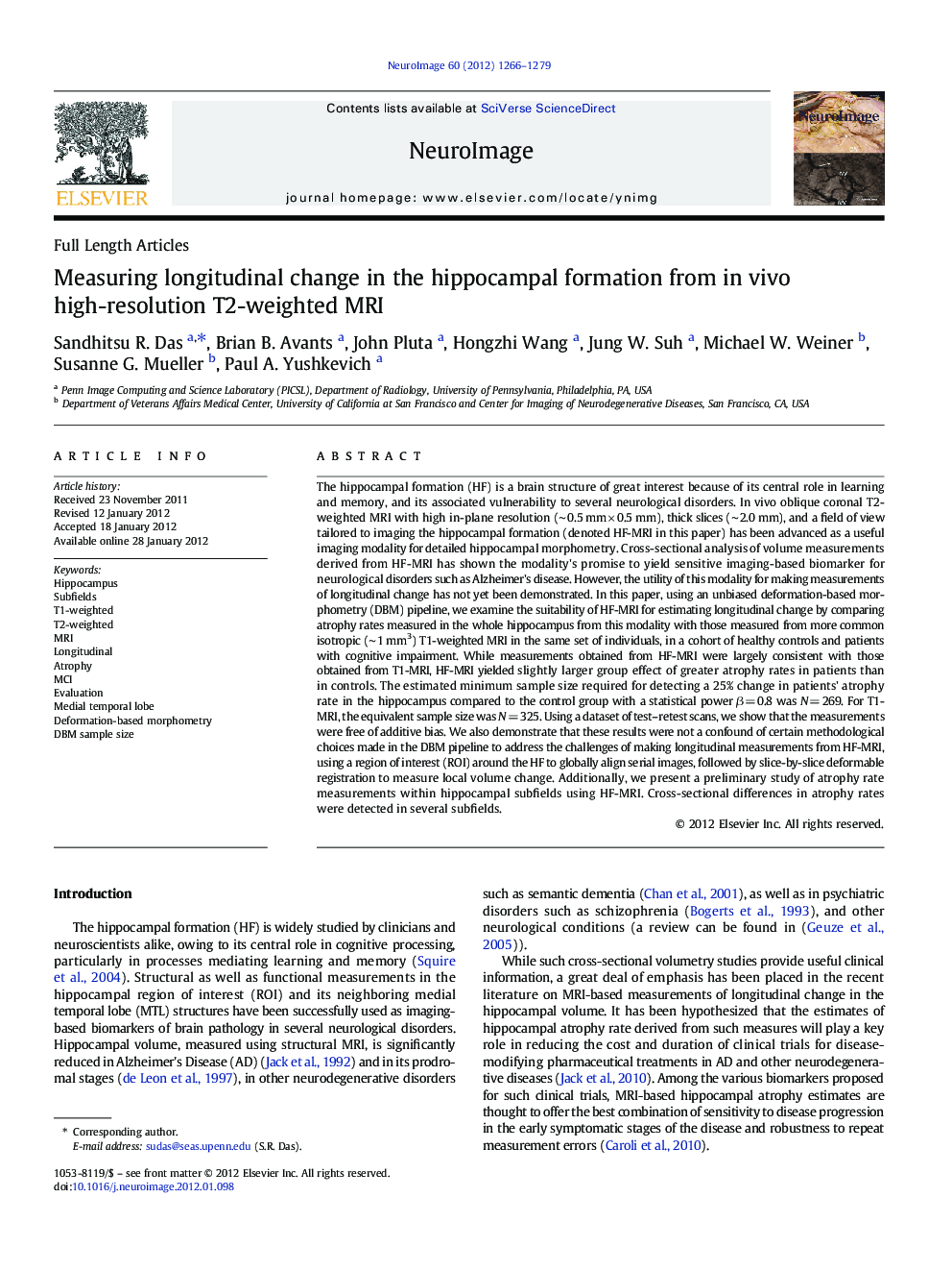 Full Length ArticlesMeasuring longitudinal change in the hippocampal formation from in vivo high-resolution T2-weighted MRI