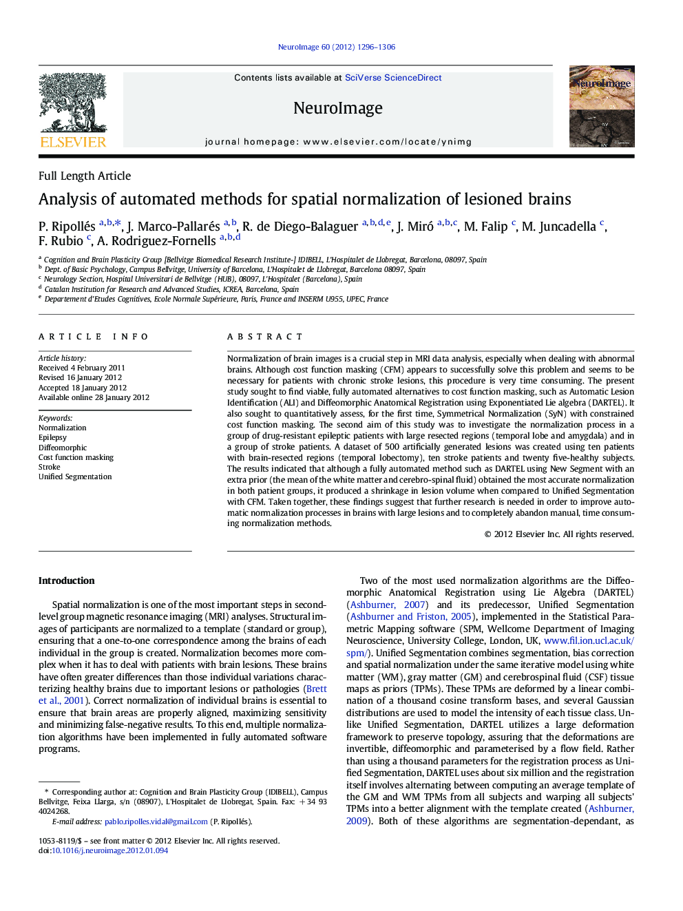 Full Length ArticleAnalysis of automated methods for spatial normalization of lesioned brains