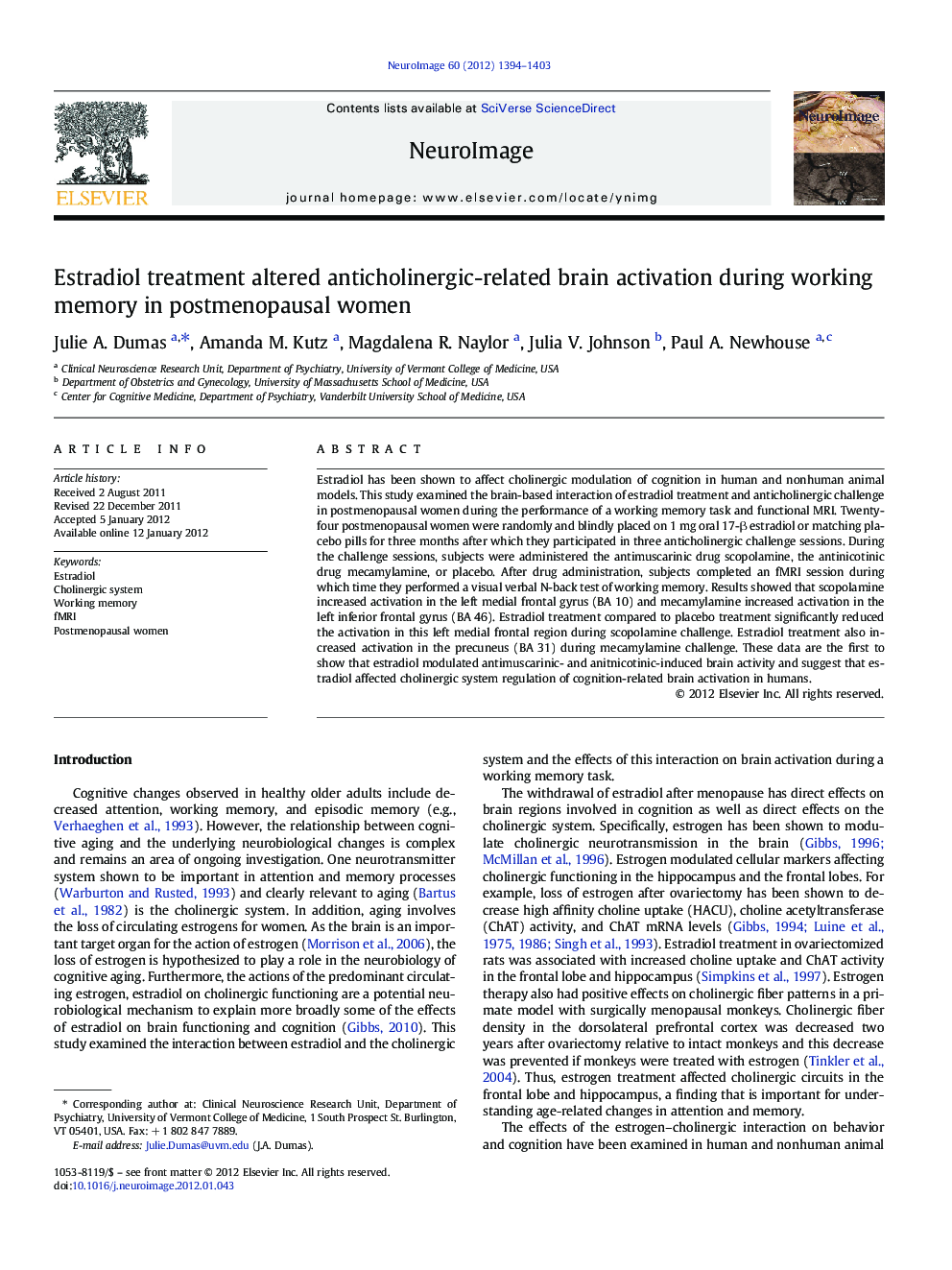 Estradiol treatment altered anticholinergic-related brain activation during working memory in postmenopausal women