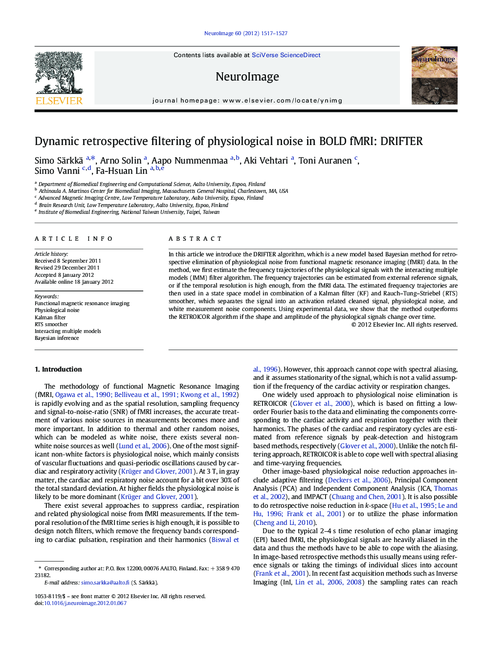 Dynamic retrospective filtering of physiological noise in BOLD fMRI: DRIFTER