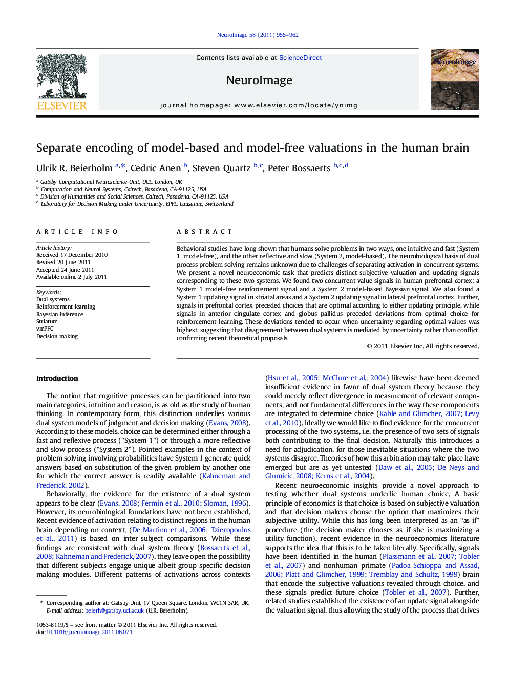 Separate encoding of model-based and model-free valuations in the human brain