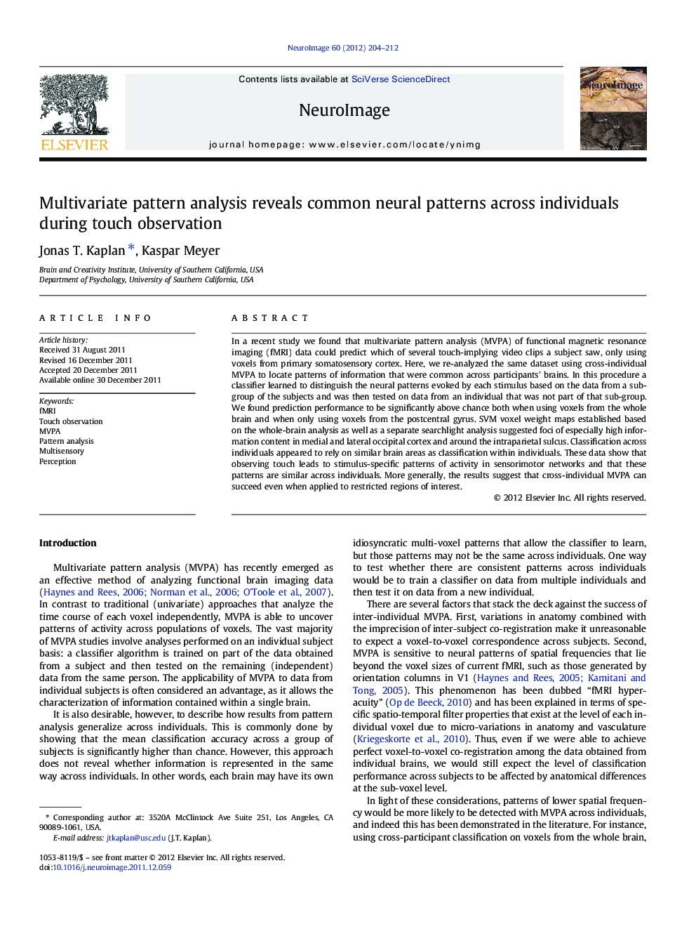 Multivariate pattern analysis reveals common neural patterns across individuals during touch observation