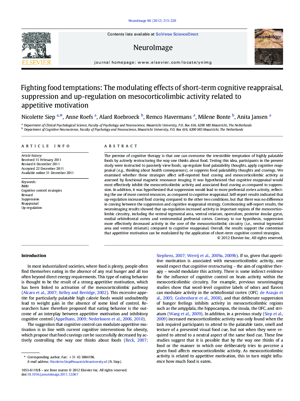 Fighting food temptations: The modulating effects of short-term cognitive reappraisal, suppression and up-regulation on mesocorticolimbic activity related to appetitive motivation