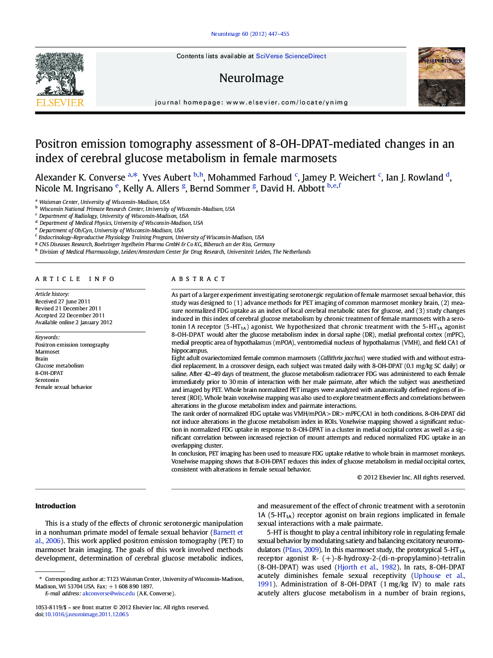 Positron emission tomography assessment of 8-OH-DPAT-mediated changes in an index of cerebral glucose metabolism in female marmosets