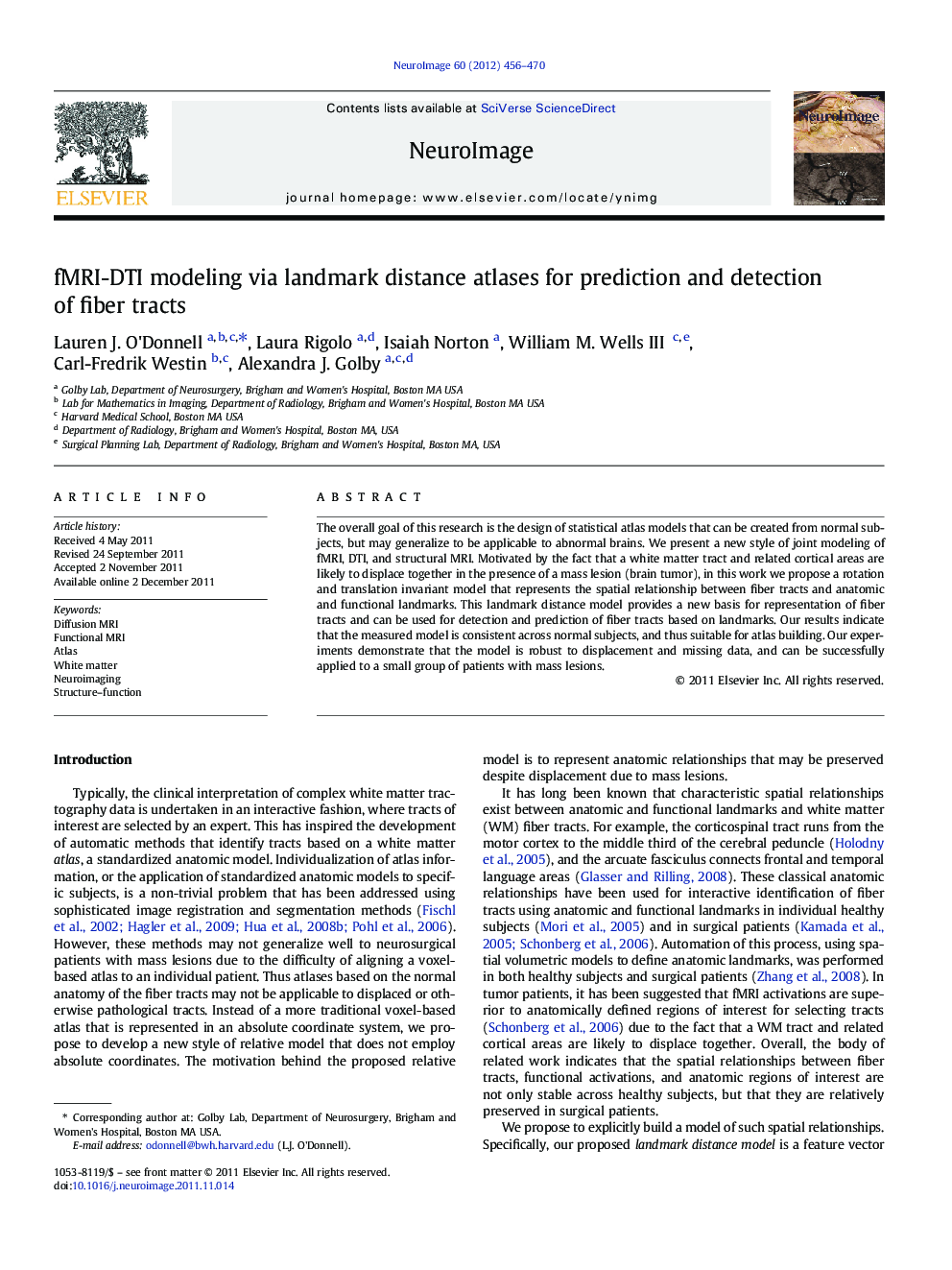 fMRI-DTI modeling via landmark distance atlases for prediction and detection of fiber tracts