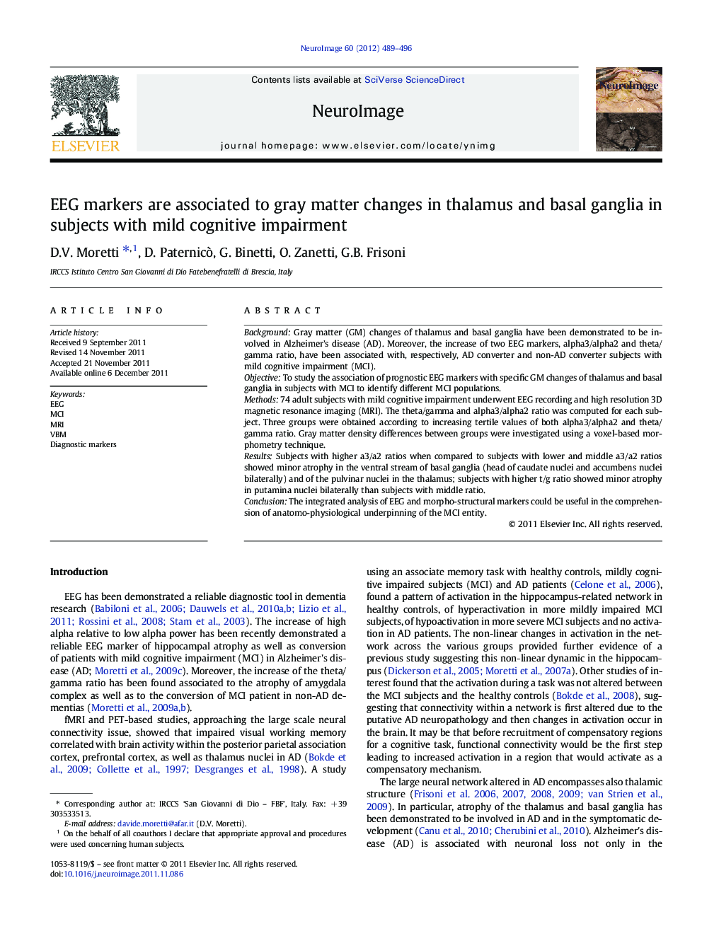 EEG markers are associated to gray matter changes in thalamus and basal ganglia in subjects with mild cognitive impairment