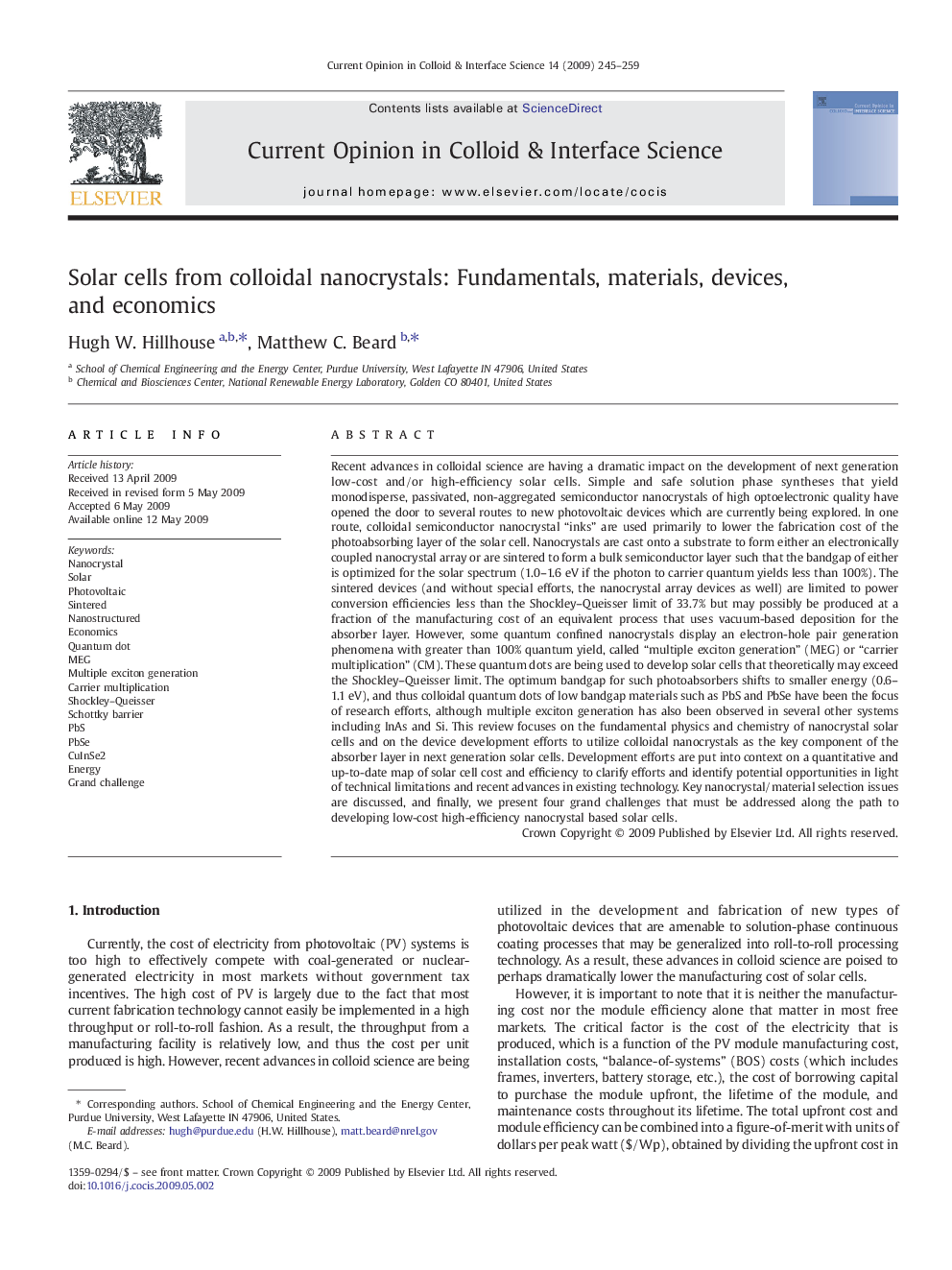 Solar cells from colloidal nanocrystals: Fundamentals, materials, devices, and economics