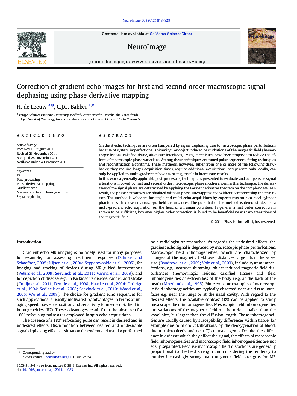 Correction of gradient echo images for first and second order macroscopic signal dephasing using phase derivative mapping