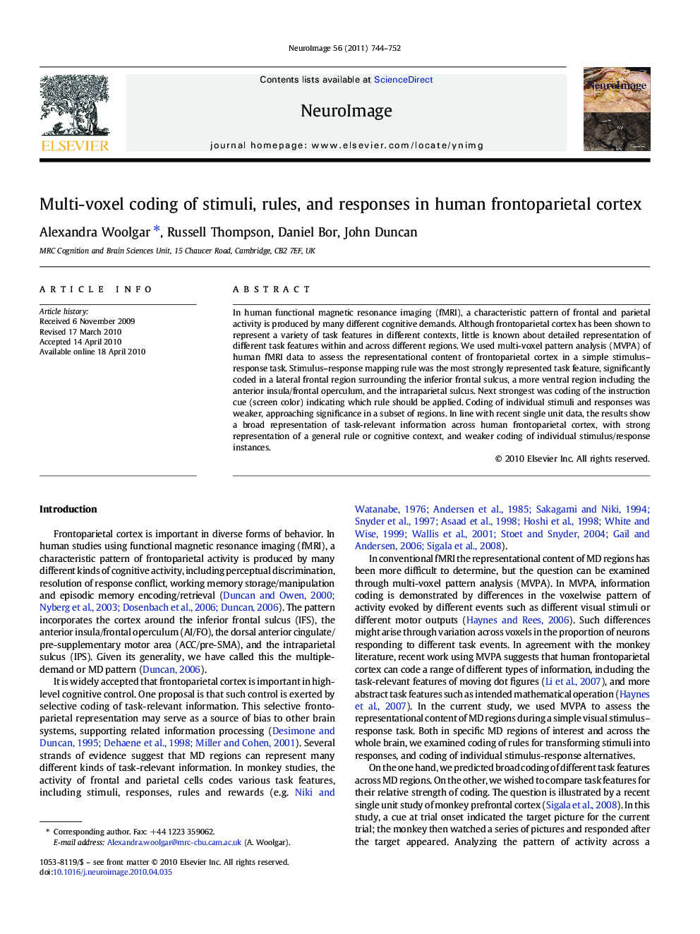 Multi-voxel coding of stimuli, rules, and responses in human frontoparietal cortex