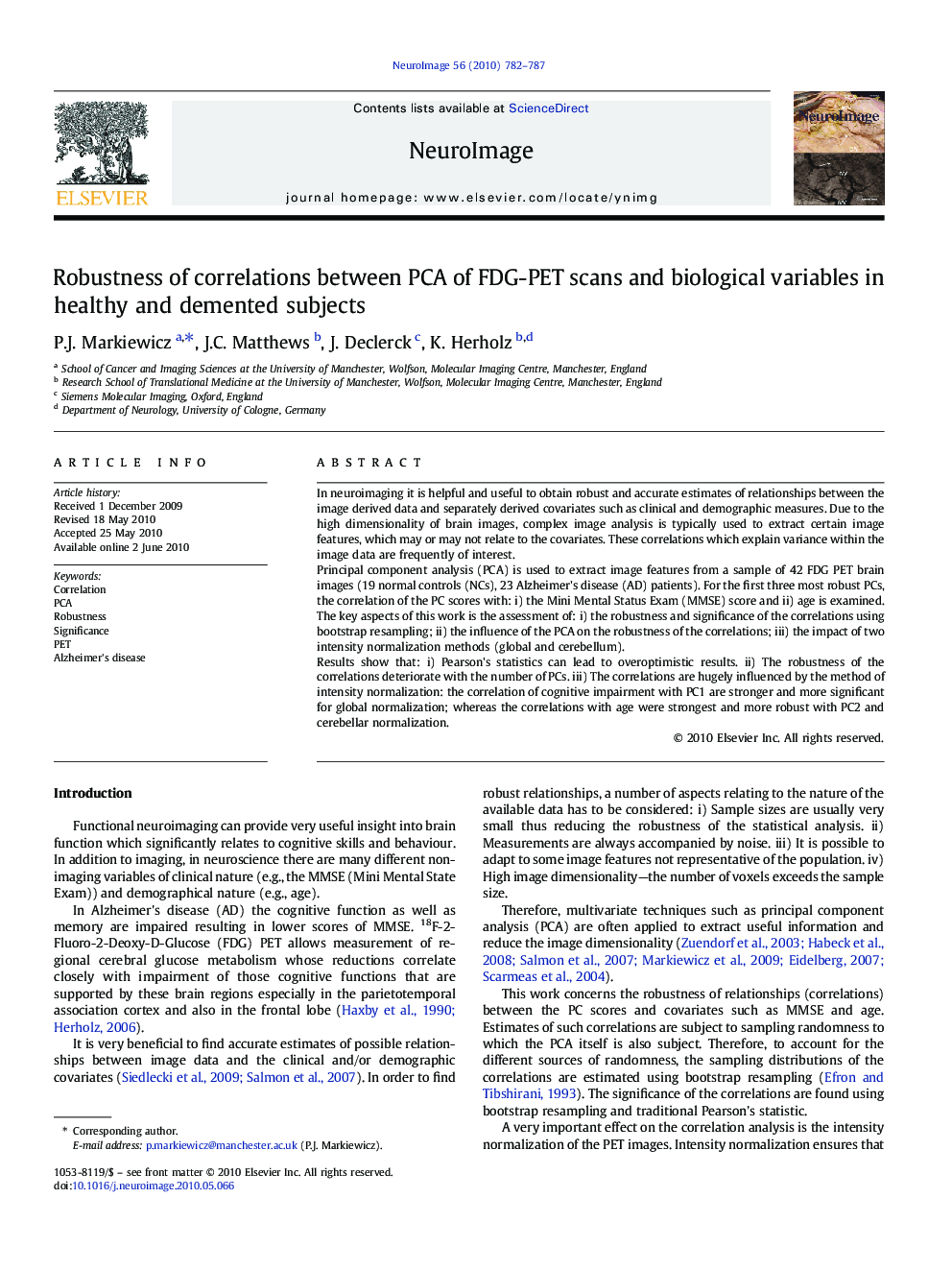 Robustness of correlations between PCA of FDG-PET scans and biological variables in healthy and demented subjects