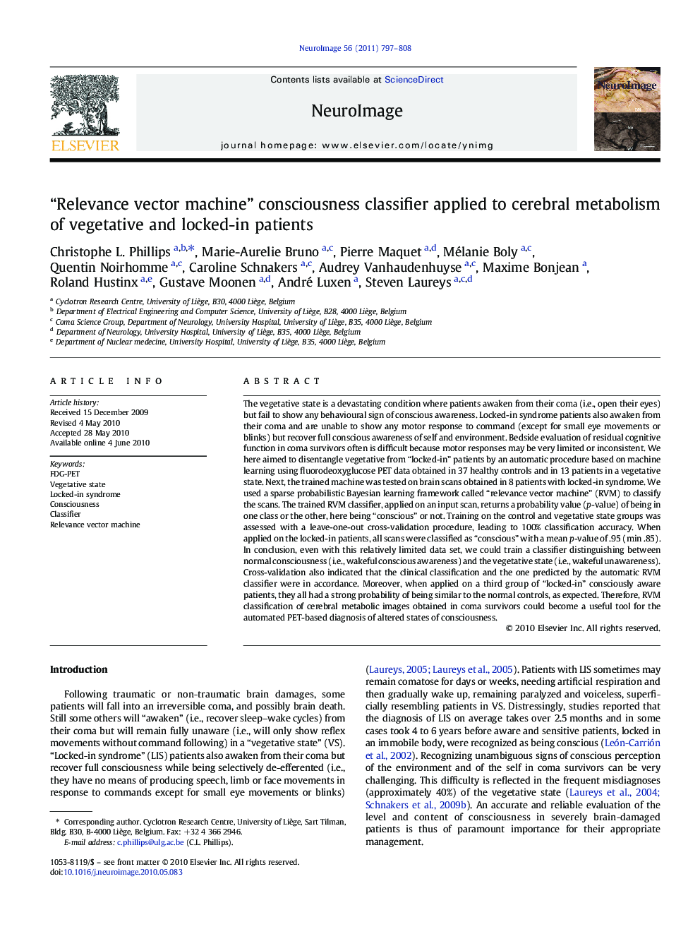 “Relevance vector machine” consciousness classifier applied to cerebral metabolism of vegetative and locked-in patients