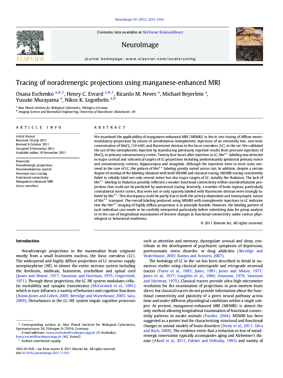 Tracing of noradrenergic projections using manganese-enhanced MRI