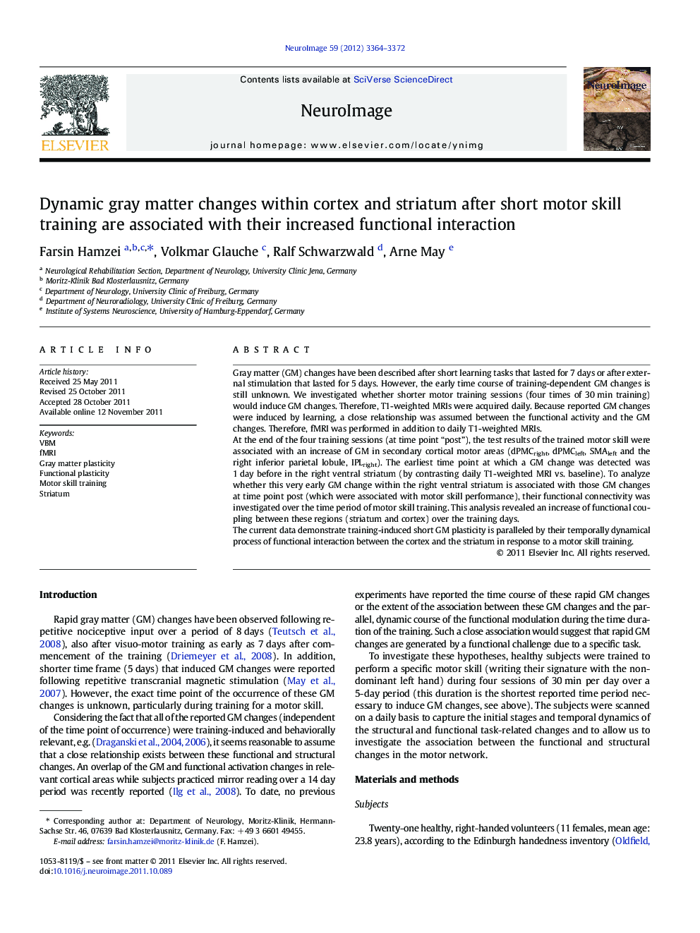 Dynamic gray matter changes within cortex and striatum after short motor skill training are associated with their increased functional interaction