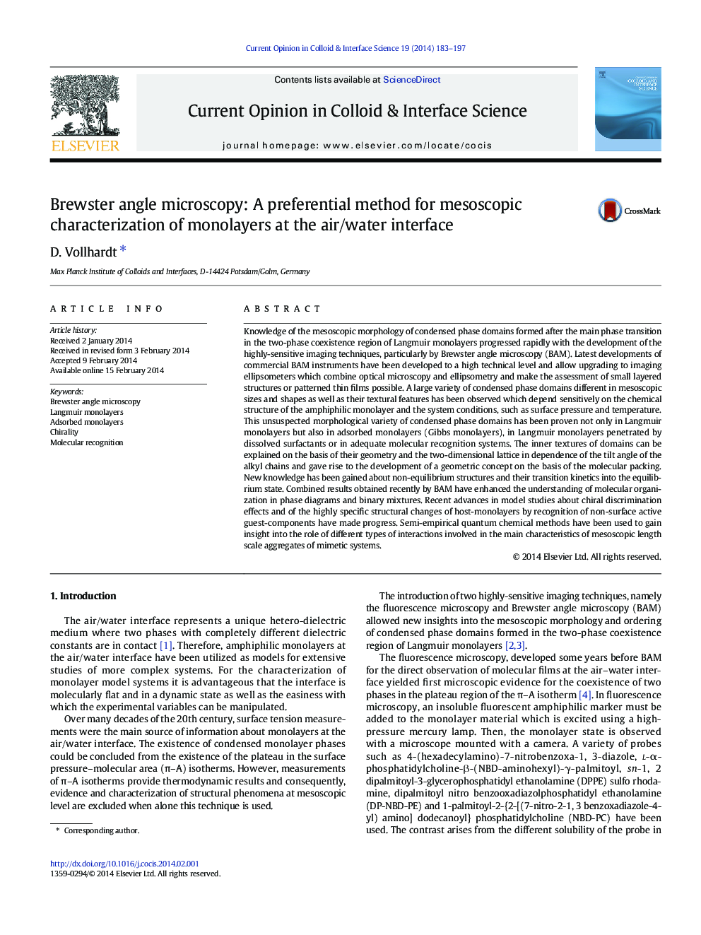 Brewster angle microscopy: A preferential method for mesoscopic characterization of monolayers at the air/water interface