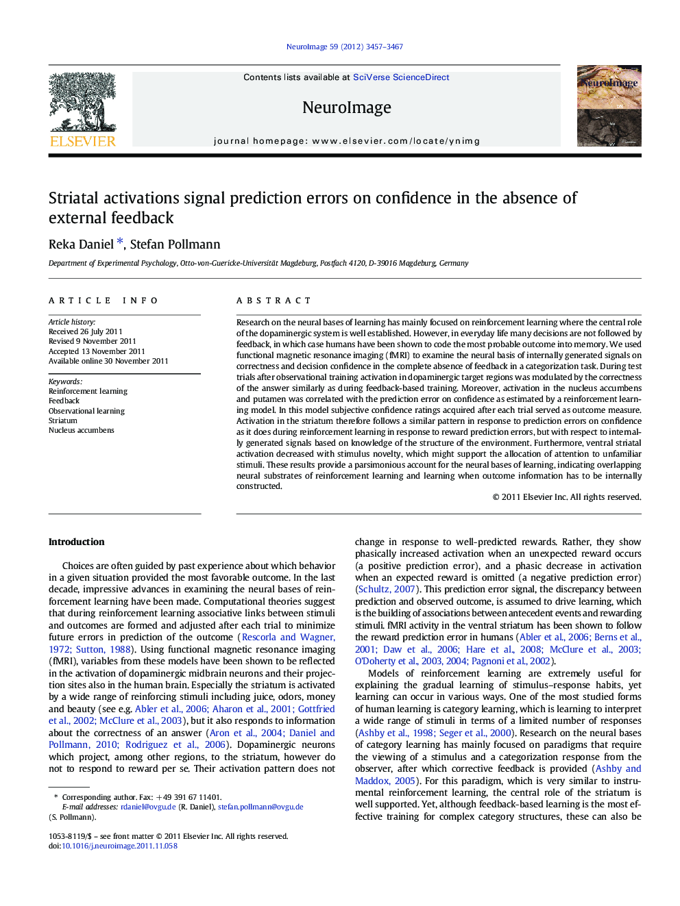 Striatal activations signal prediction errors on confidence in the absence of external feedback