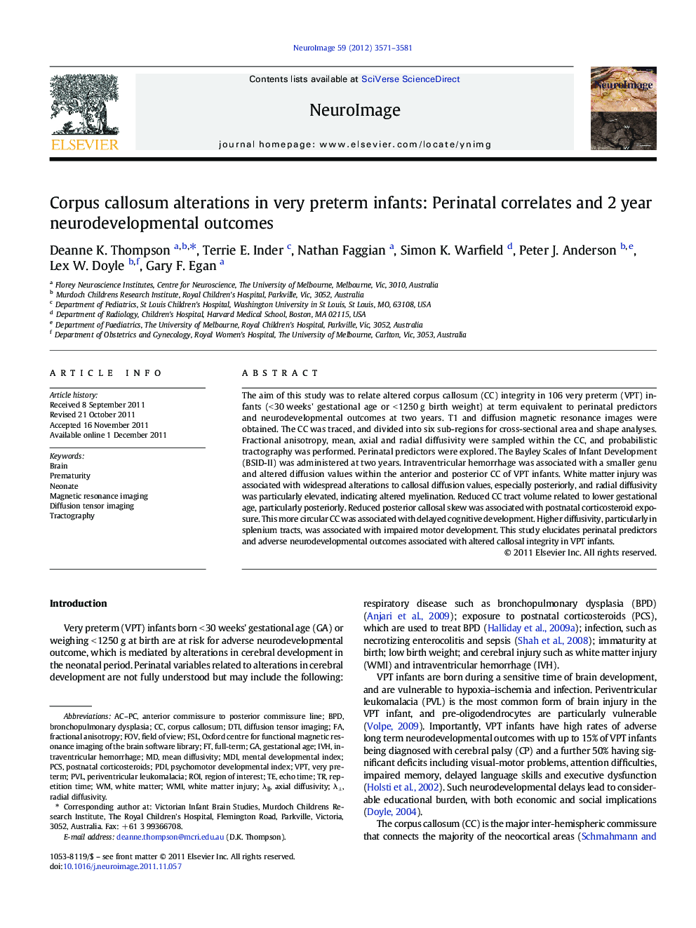 Corpus callosum alterations in very preterm infants: Perinatal correlates and 2Â year neurodevelopmental outcomes