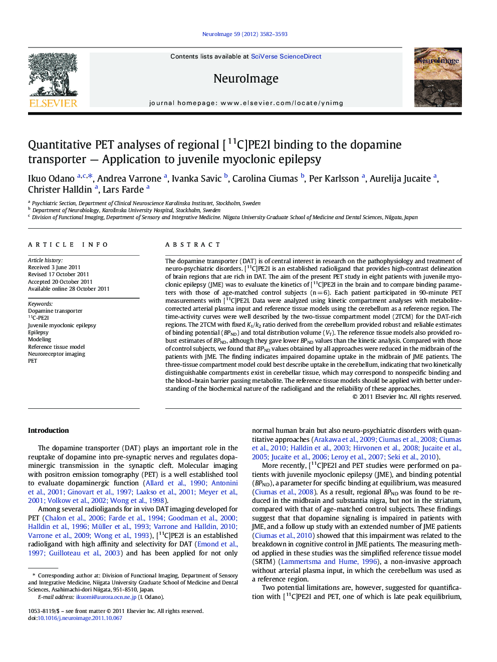 Quantitative PET analyses of regional [11C]PE2I binding to the dopamine transporter - Application to juvenile myoclonic epilepsy