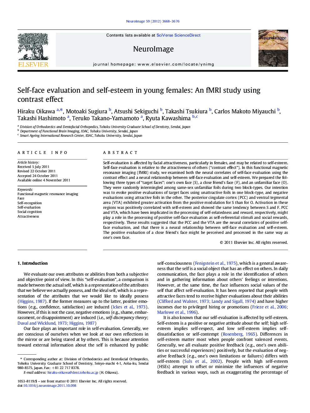 Self-face evaluation and self-esteem in young females: An fMRI study using contrast effect