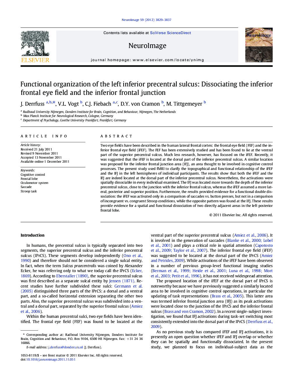 Functional organization of the left inferior precentral sulcus: Dissociating the inferior frontal eye field and the inferior frontal junction