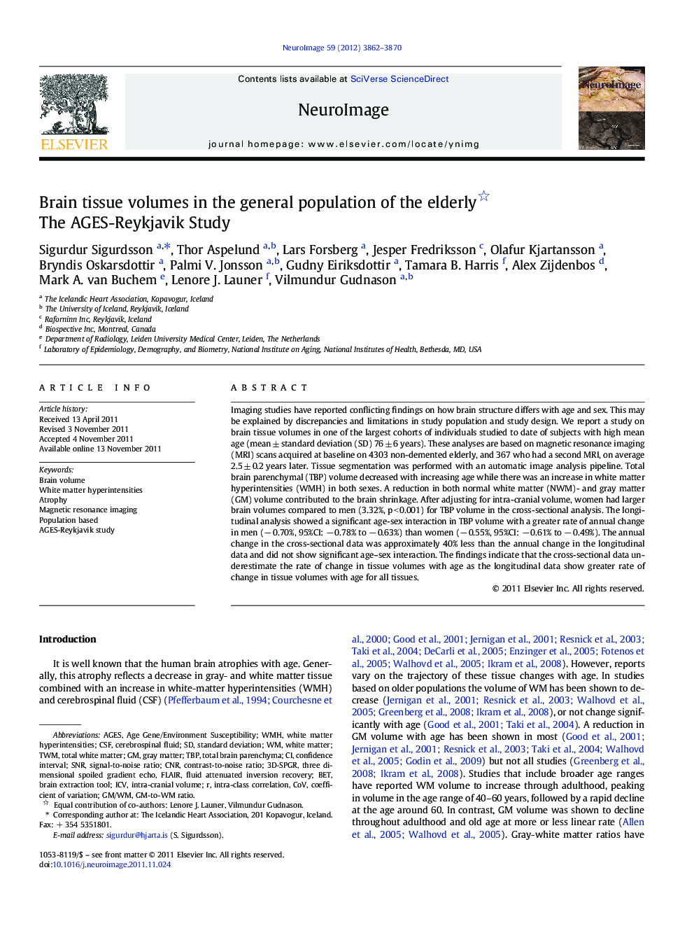 Brain tissue volumes in the general population of the elderly