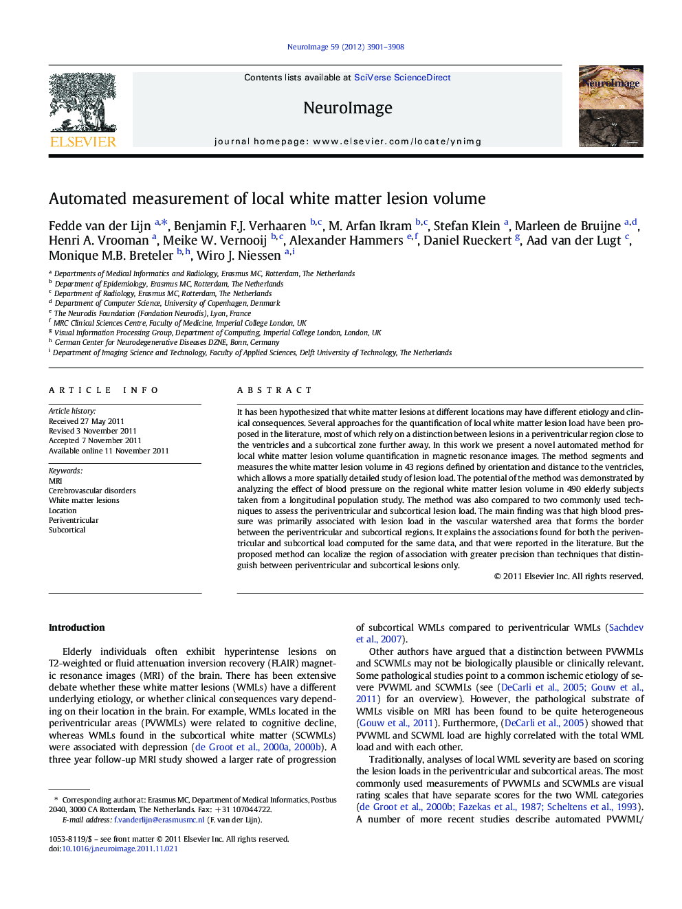 Automated measurement of local white matter lesion volume