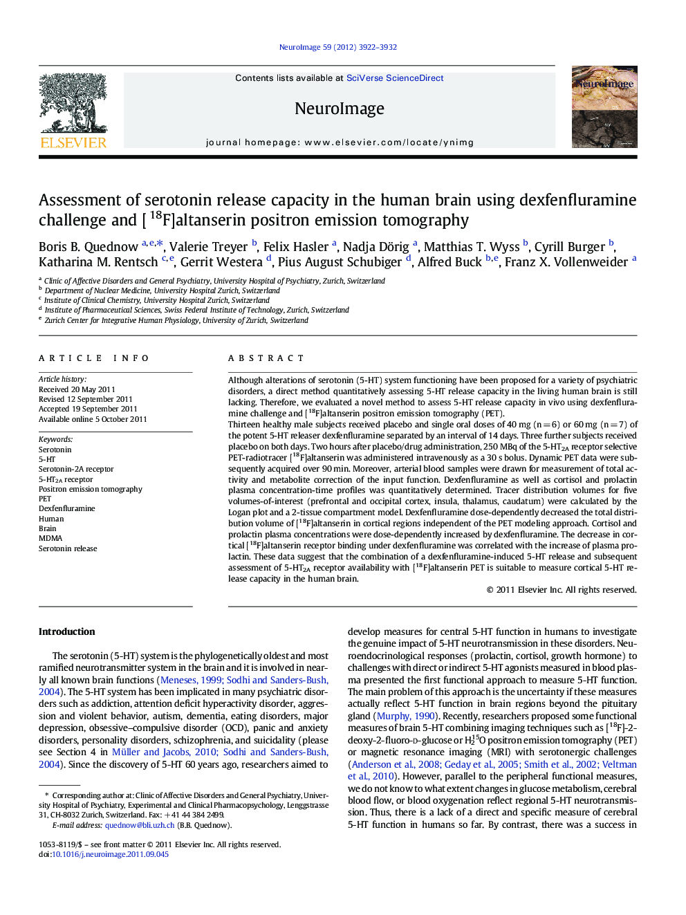 Assessment of serotonin release capacity in the human brain using dexfenfluramine challenge and [18F]altanserin positron emission tomography