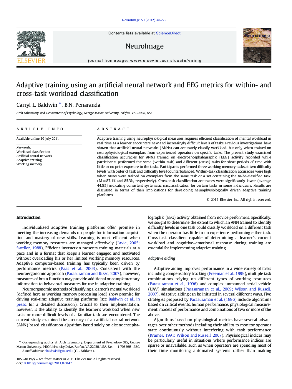 Adaptive training using an artificial neural network and EEG metrics for within- and cross-task workload classification