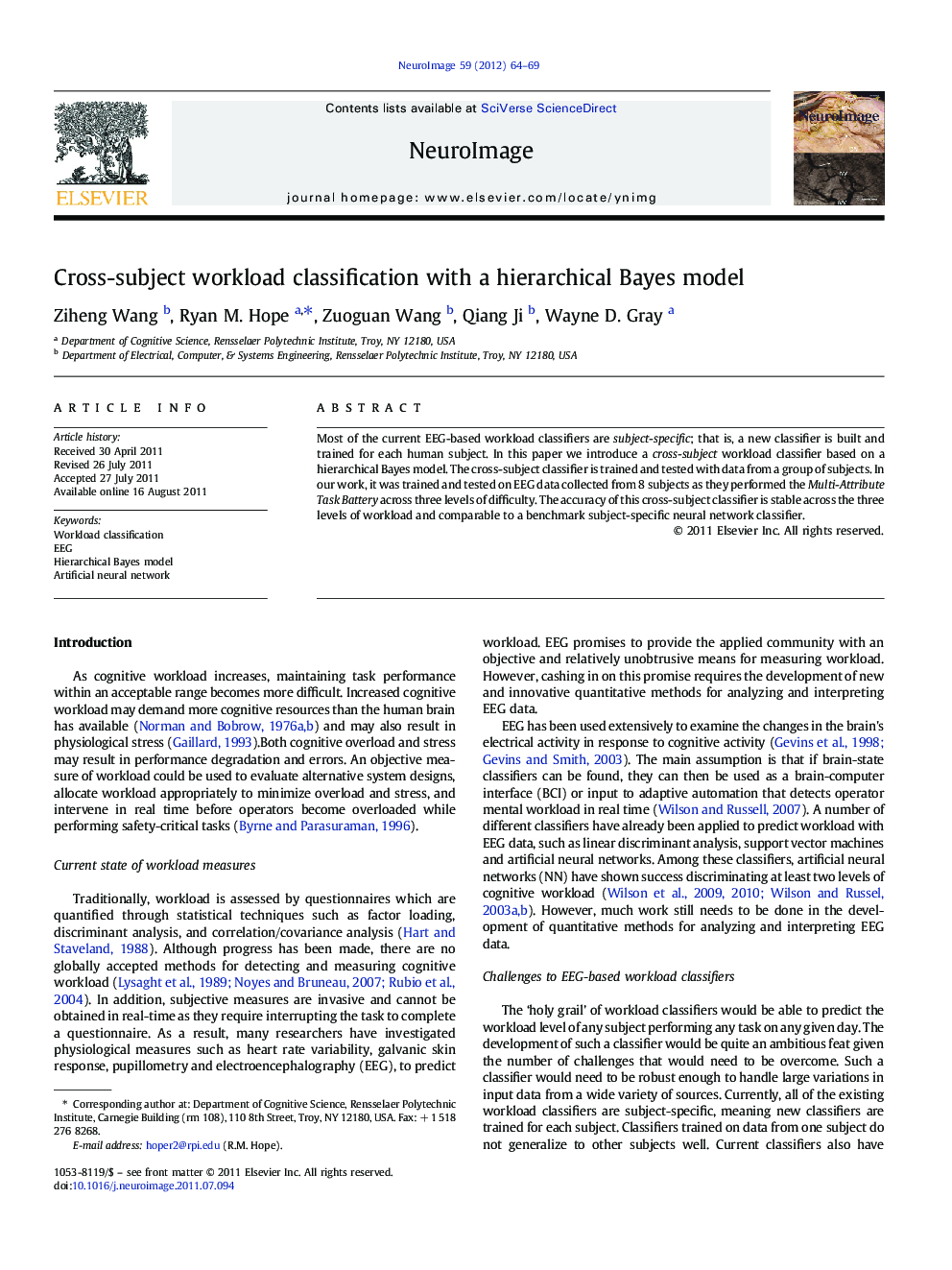 عکس صفحه اول مقاله: Cross-subject workload classification with a hierarchical Bayes model Cross-subject workload classification with a hierarchical Bayes model