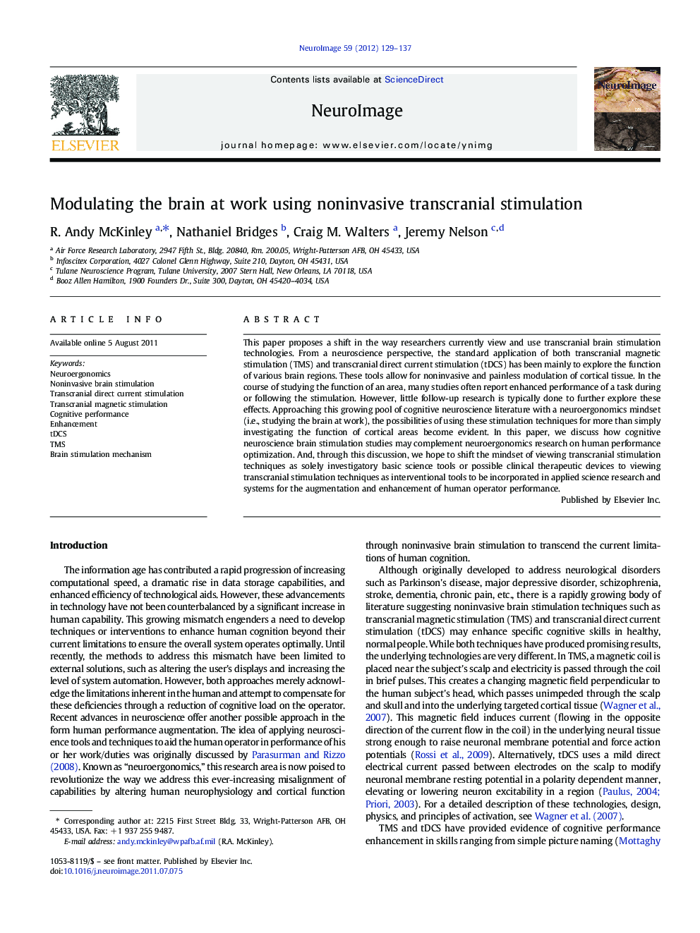 Modulating the brain at work using noninvasive transcranial stimulation