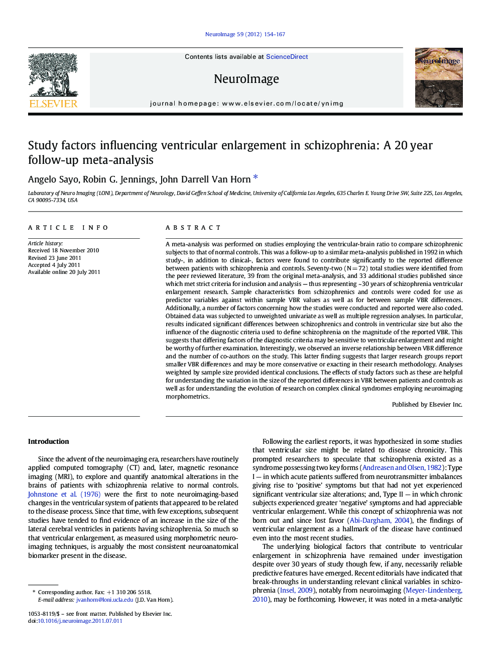 عکس صفحه اول مقاله: Study factors influencing ventricular enlargement in schizophrenia: A 20Â year follow-up meta-analysis Study factors influencing ventricular enlargement in schizophrenia: A 20Â year follow-up meta-analysis