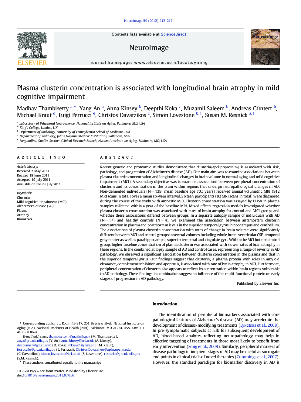 Plasma clusterin concentration is associated with longitudinal brain atrophy in mild cognitive impairment