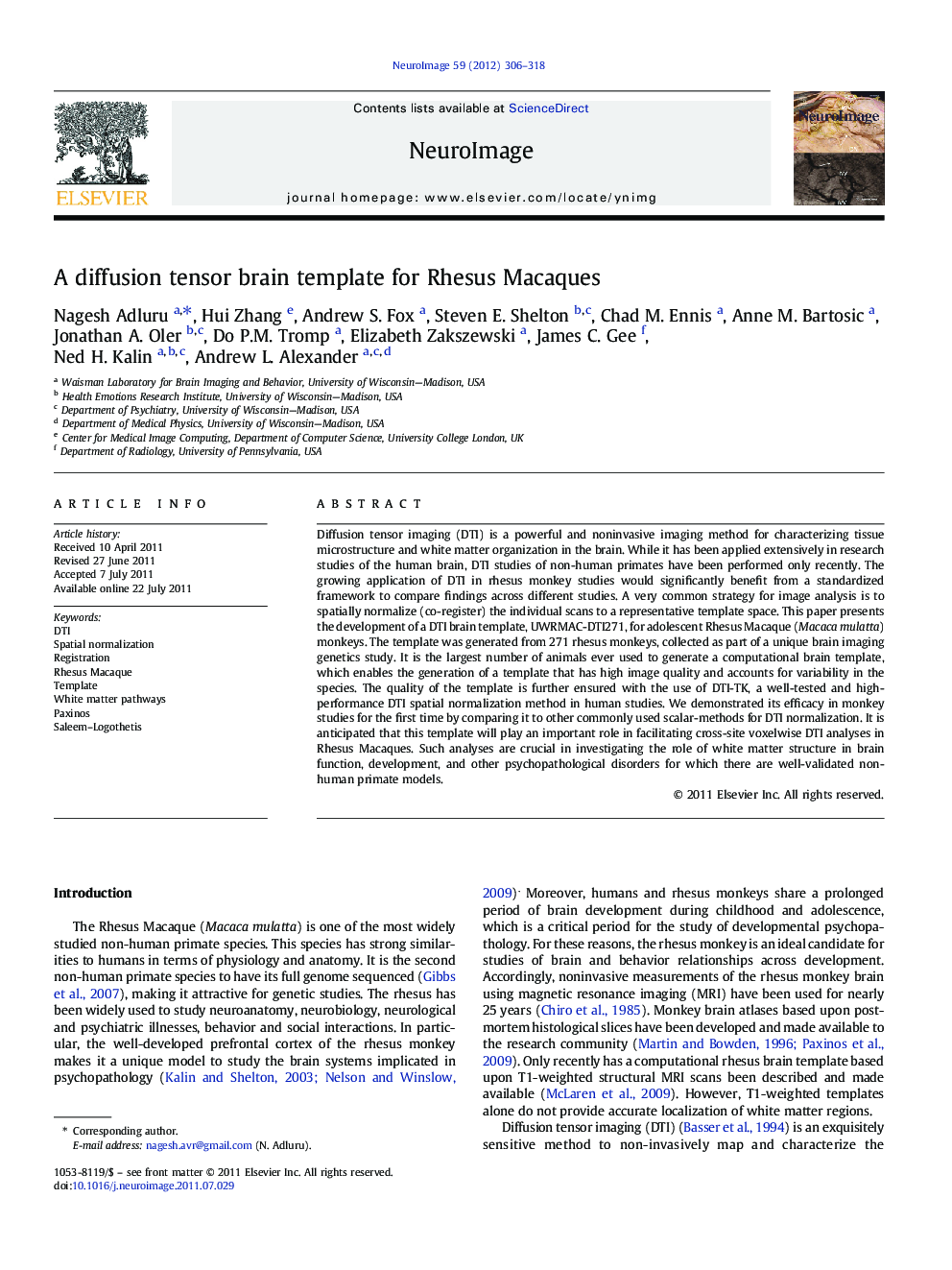 A diffusion tensor brain template for Rhesus Macaques