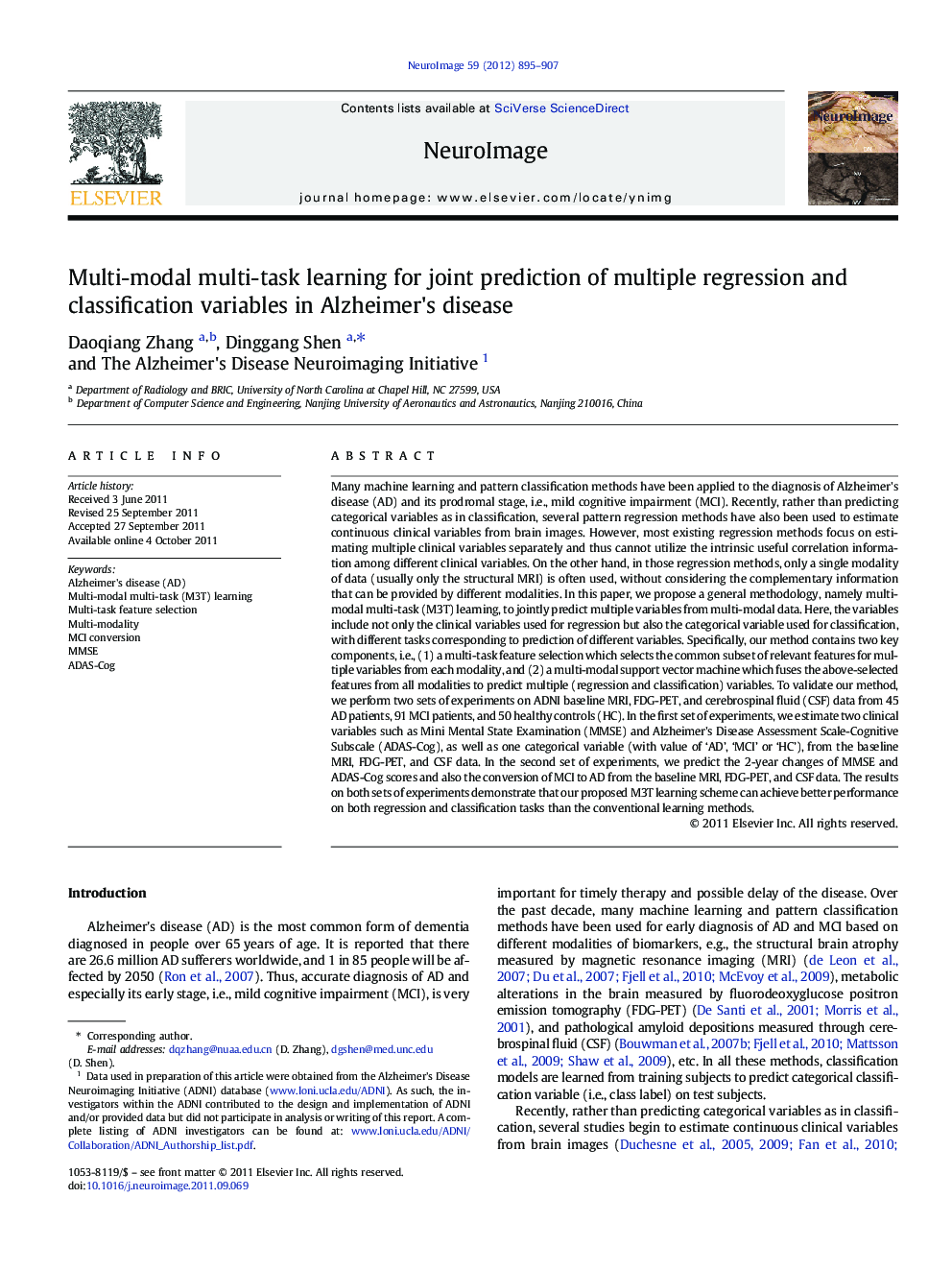 Multi-modal multi-task learning for joint prediction of multiple regression and classification variables in Alzheimer's disease