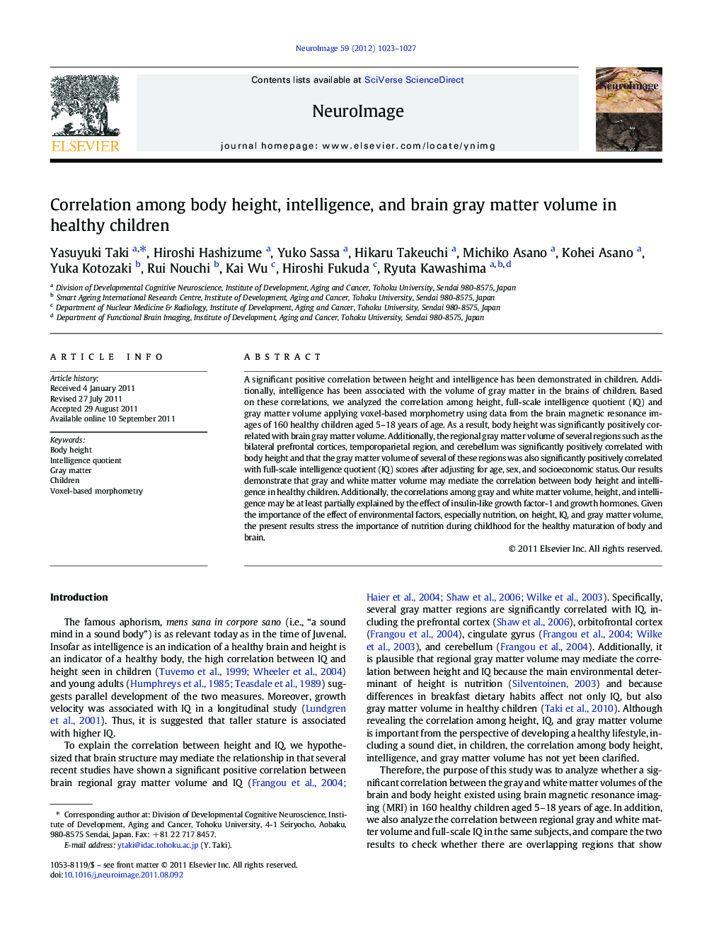 Correlation among body height, intelligence, and brain gray matter volume in healthy children