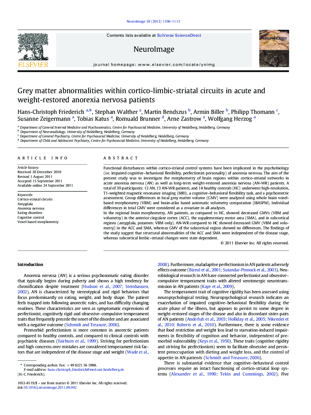 Grey matter abnormalities within cortico-limbic-striatal circuits in acute and weight-restored anorexia nervosa patients