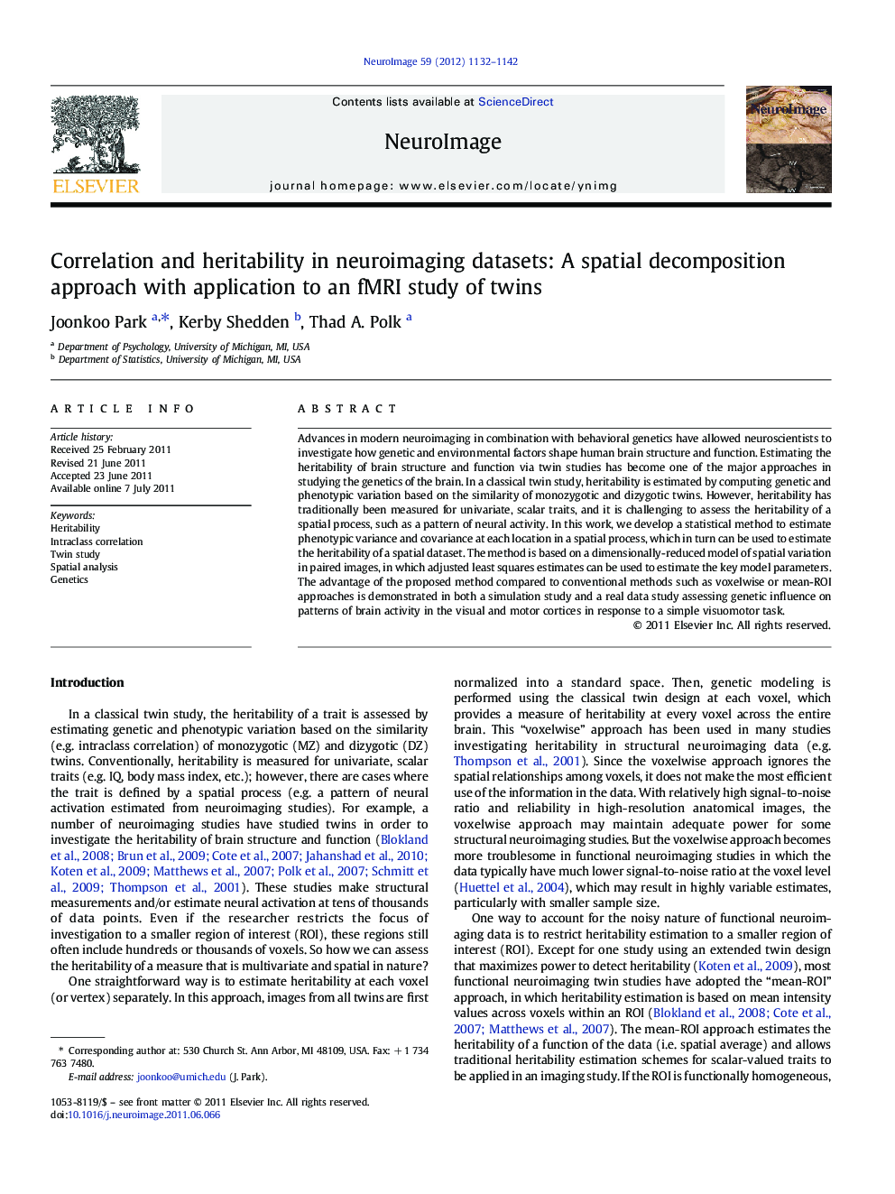 Correlation and heritability in neuroimaging datasets: A spatial decomposition approach with application to an fMRI study of twins