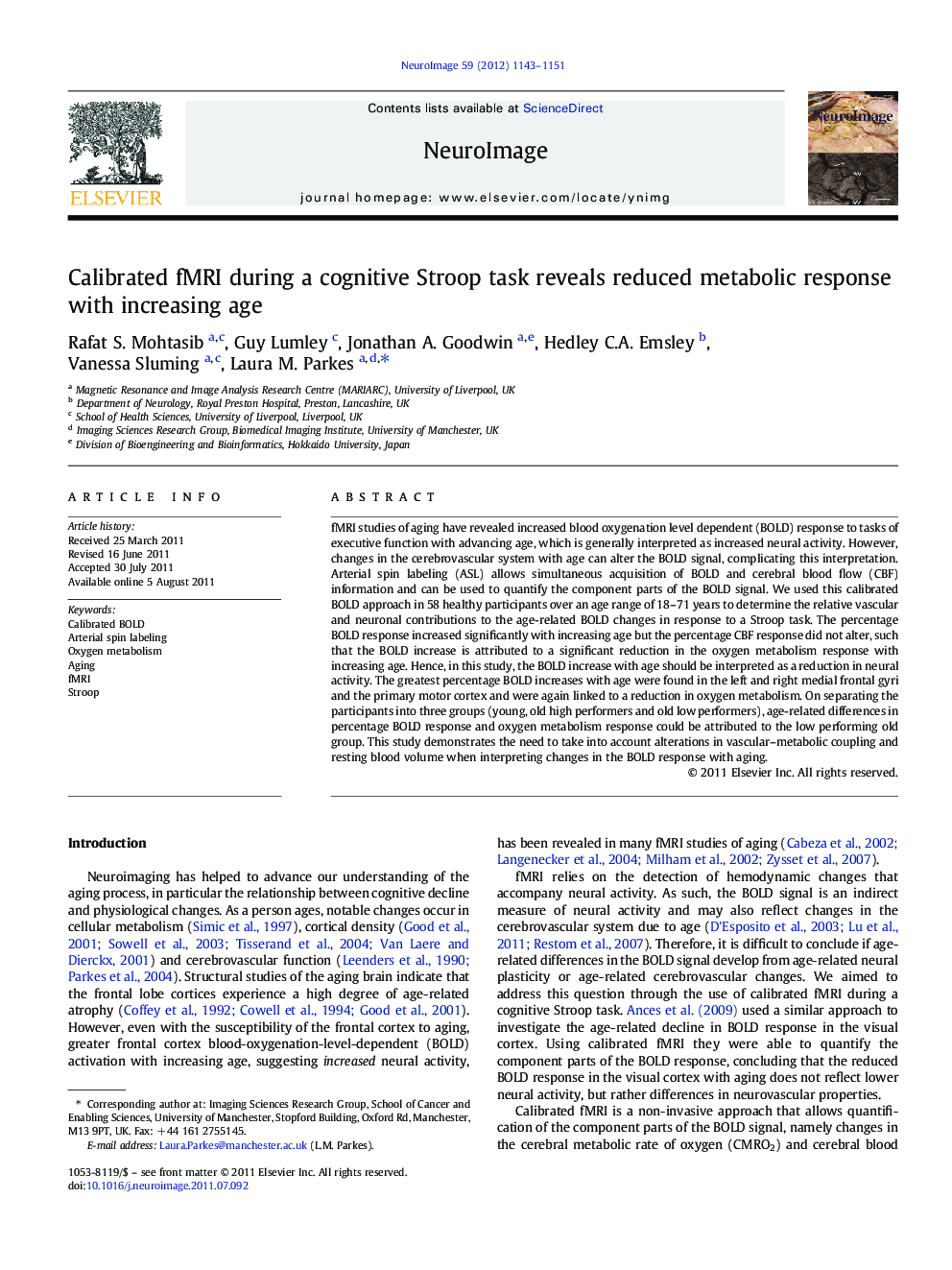 Calibrated fMRI during a cognitive Stroop task reveals reduced metabolic response with increasing age