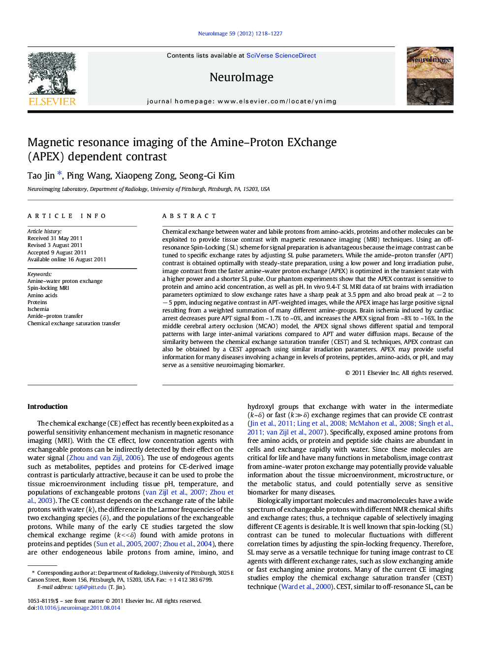 Magnetic resonance imaging of the Amine-Proton EXchange (APEX) dependent contrast