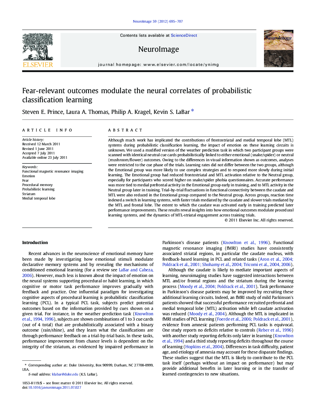 Fear-relevant outcomes modulate the neural correlates of probabilistic classification learning