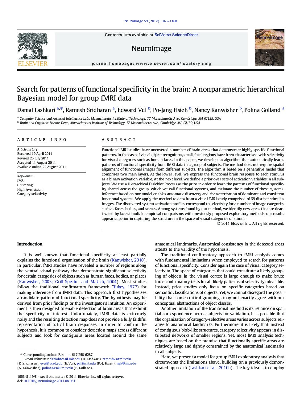 Search for patterns of functional specificity in the brain: A nonparametric hierarchical Bayesian model for group fMRI data