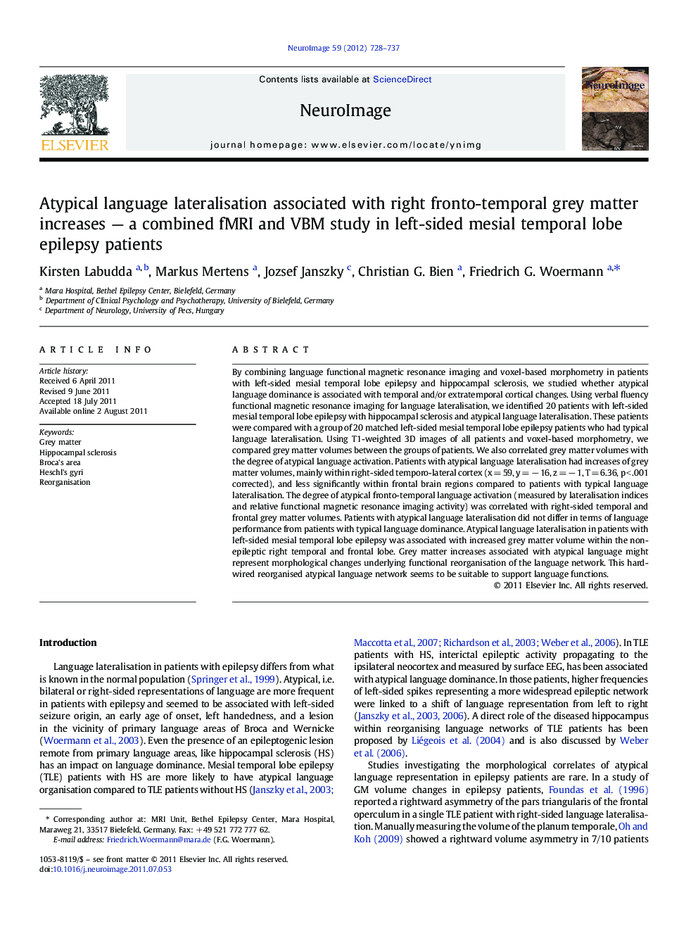 Atypical language lateralisation associated with right fronto-temporal grey matter increases - a combined fMRI and VBM study in left-sided mesial temporal lobe epilepsy patients
