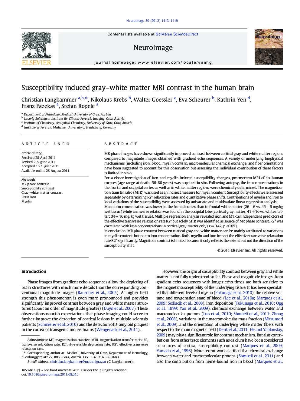 Susceptibility induced gray-white matter MRI contrast in the human brain