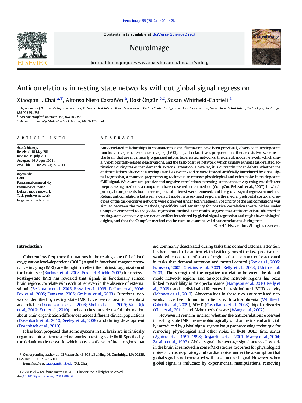 Anticorrelations in resting state networks without global signal regression