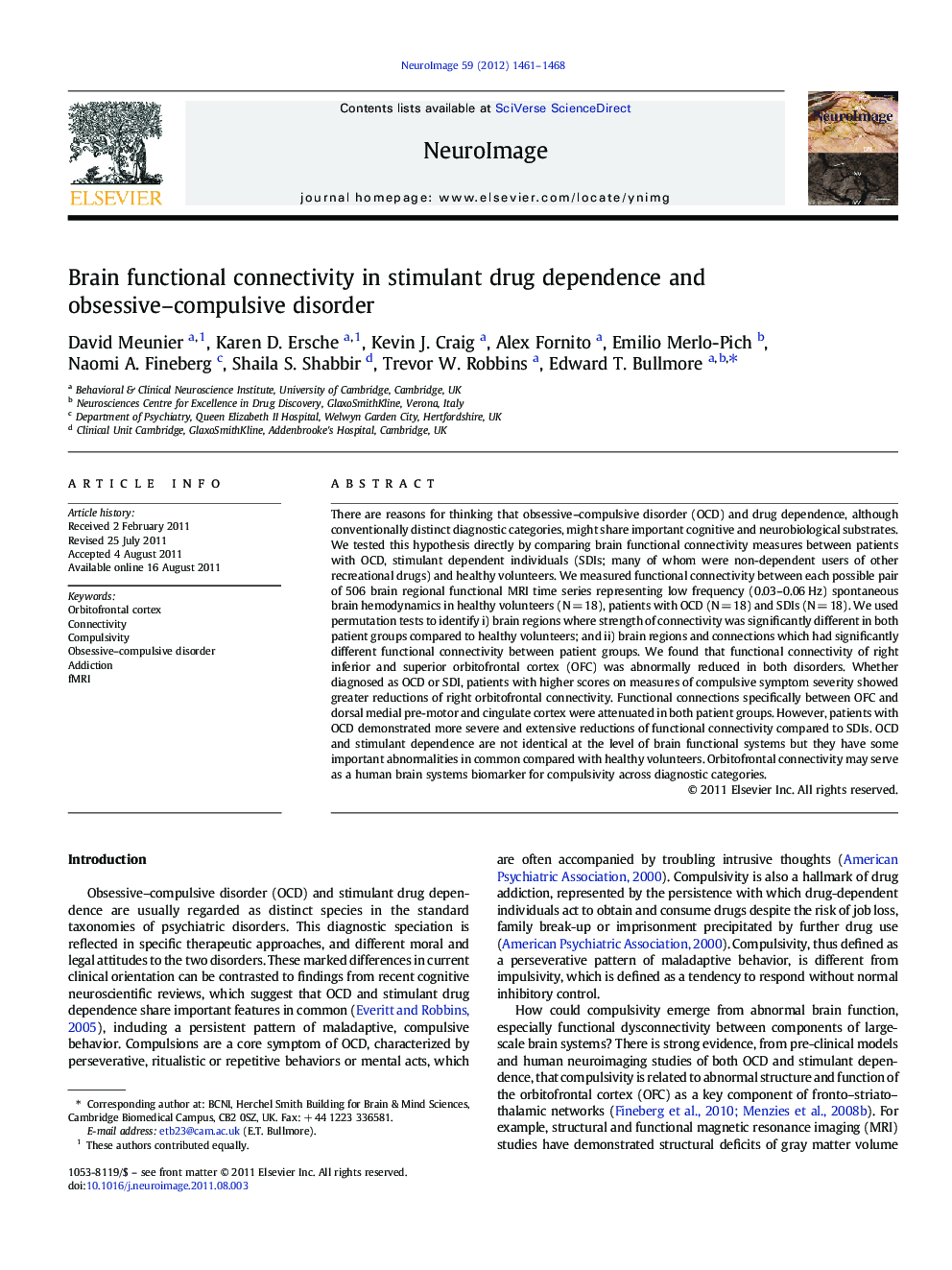 عکس صفحه اول مقاله: Brain functional connectivity in stimulant drug dependence and obsessive-compulsive disorder Brain functional connectivity in stimulant drug dependence and obsessive-compulsive disorder