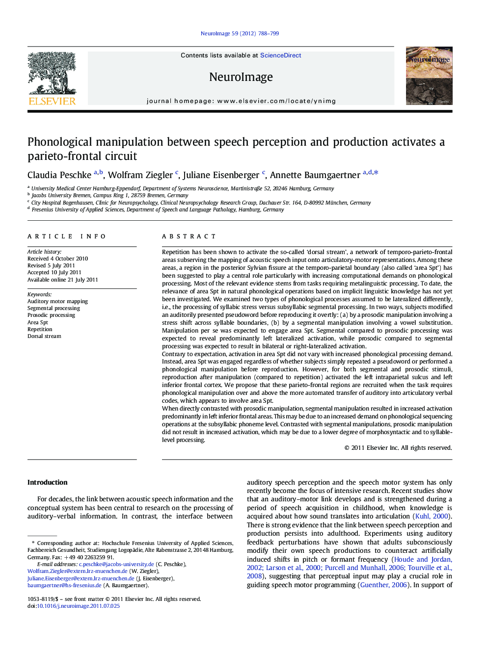 Phonological manipulation between speech perception and production activates a parieto-frontal circuit