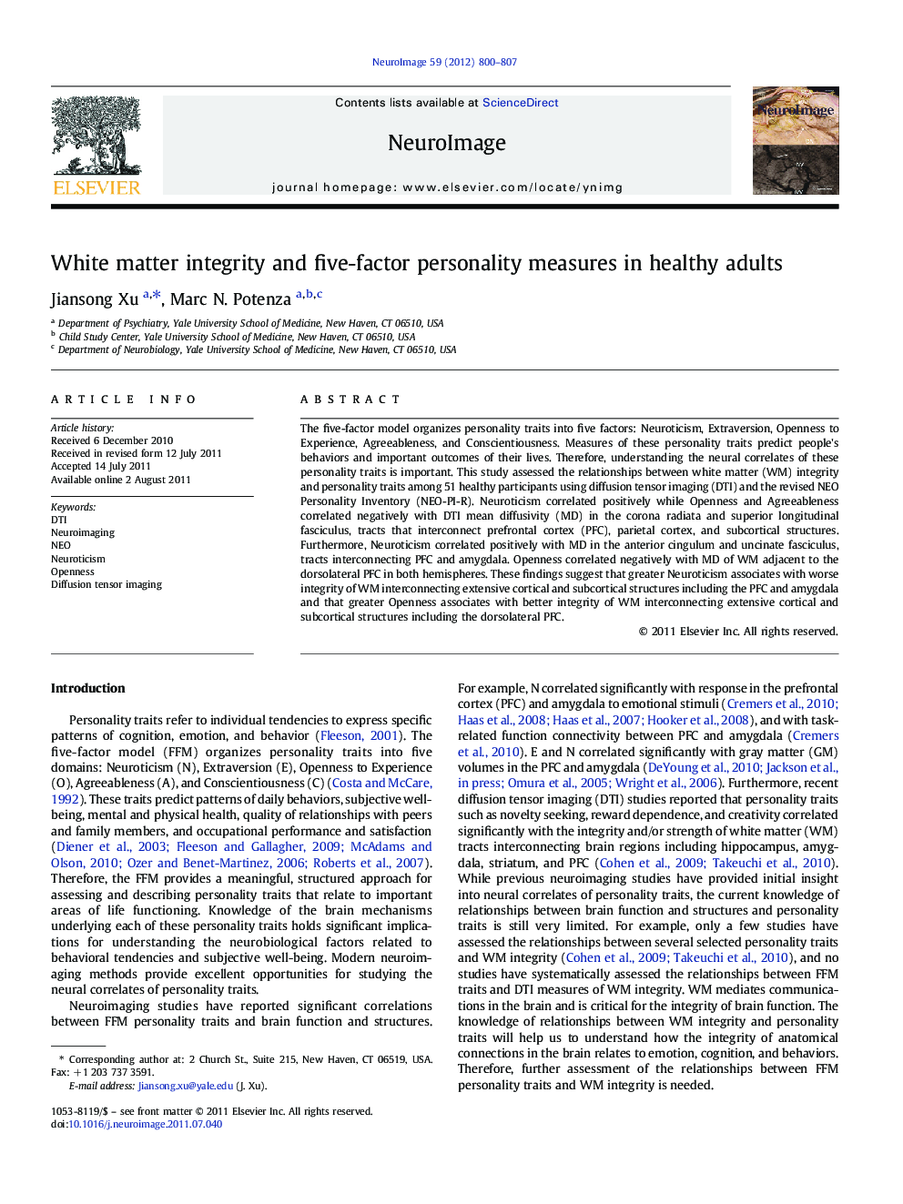 White matter integrity and five-factor personality measures in healthy adults