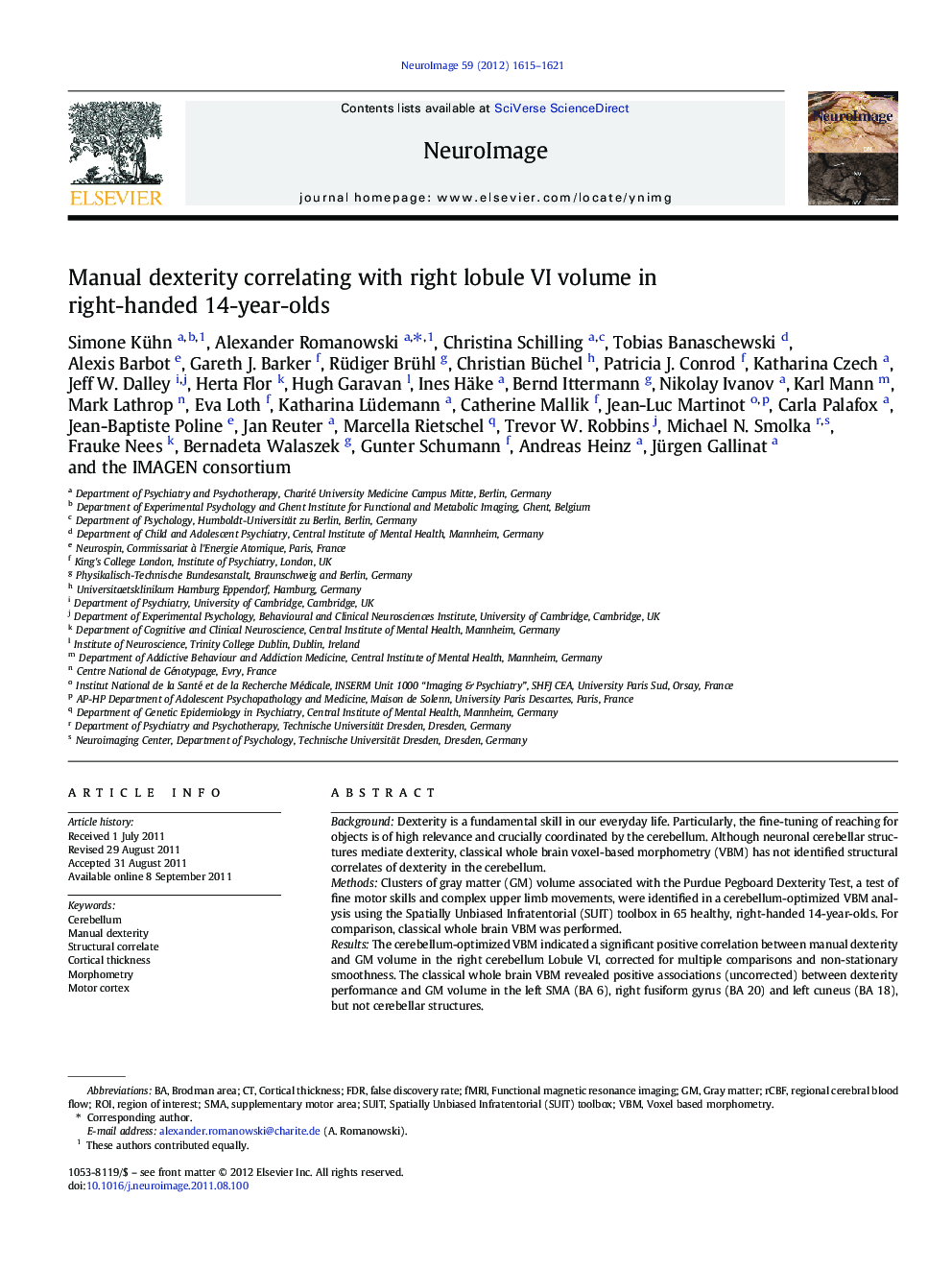 Manual dexterity correlating with right lobule VI volume in right-handed 14-year-olds