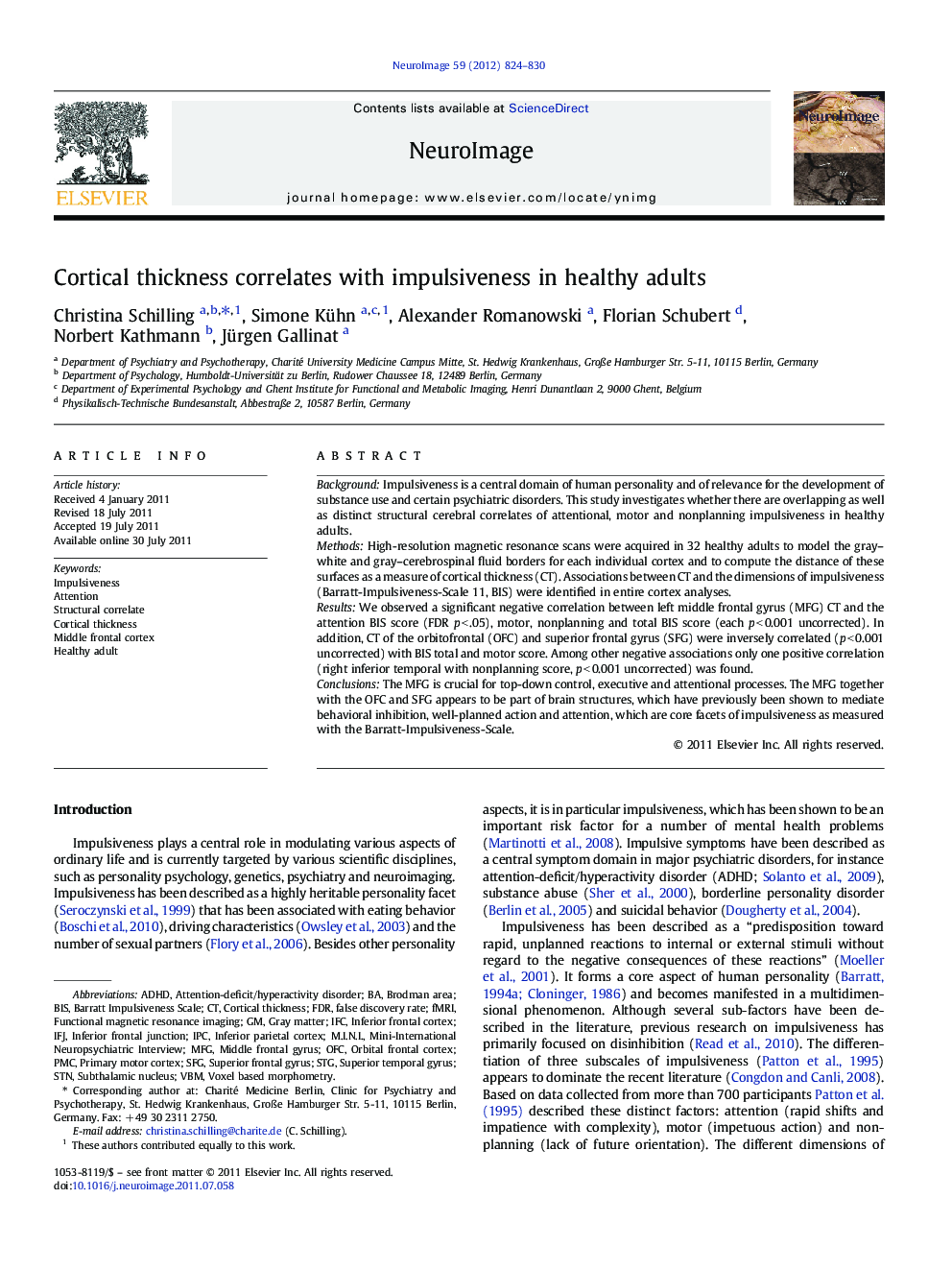 Cortical thickness correlates with impulsiveness in healthy adults